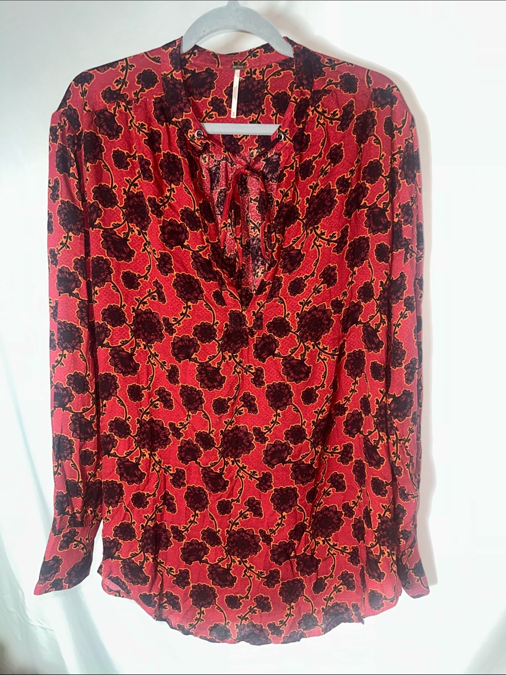 Free People Red Floral Tie-Neck Long Sleeve Blouse